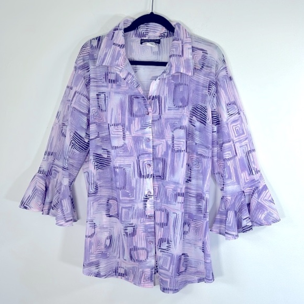 Marianne Vintage Geometric Print Flutter Sleeves Womens Size 3X Button Up Blouse